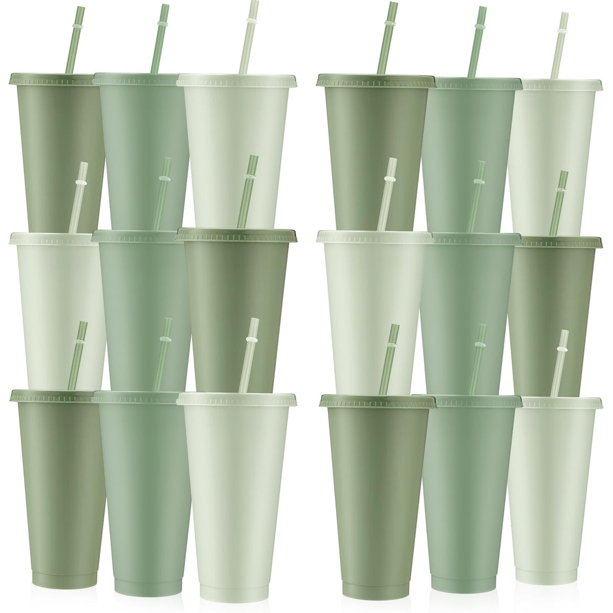 24 Pcs Sage Green Plastic Cups with Lids and Straws 24 oz