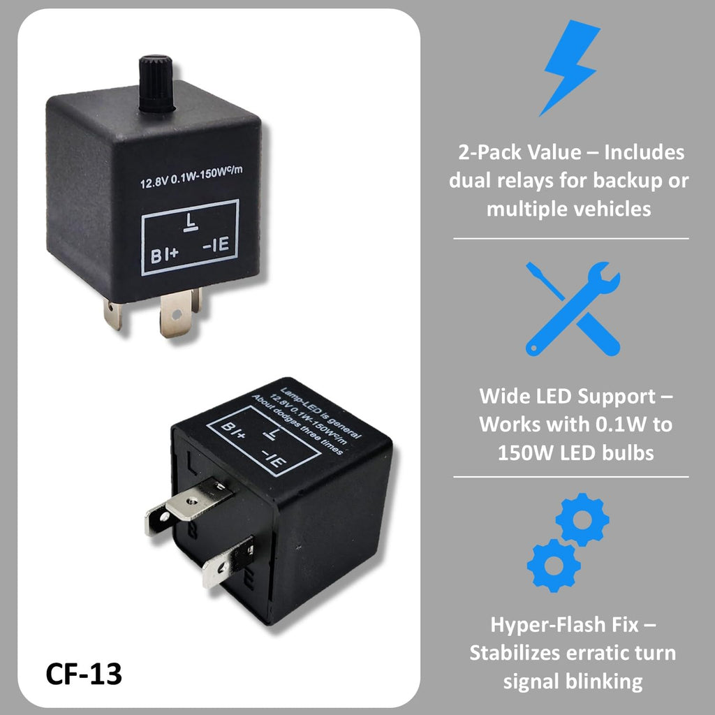 CF-13 LED Flasher Relay (Set of 2)- 3-Pin Adjustable Turn Signal Relay Duo for Enhanced LED Light Control
