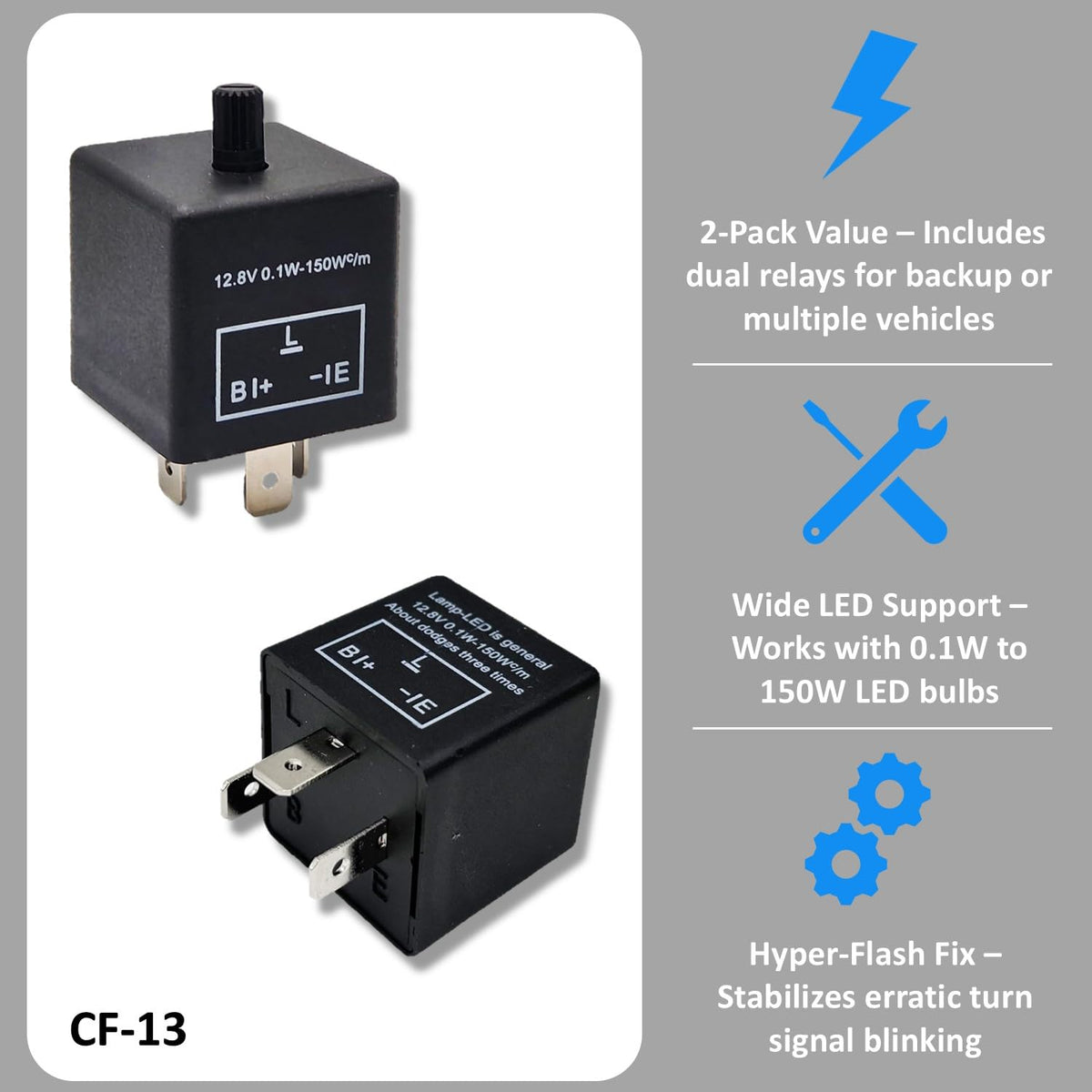 CF-13 LED Flasher Relay (Set of 2)- 3-Pin Adjustable Turn Signal Relay Duo for Enhanced LED Light Control