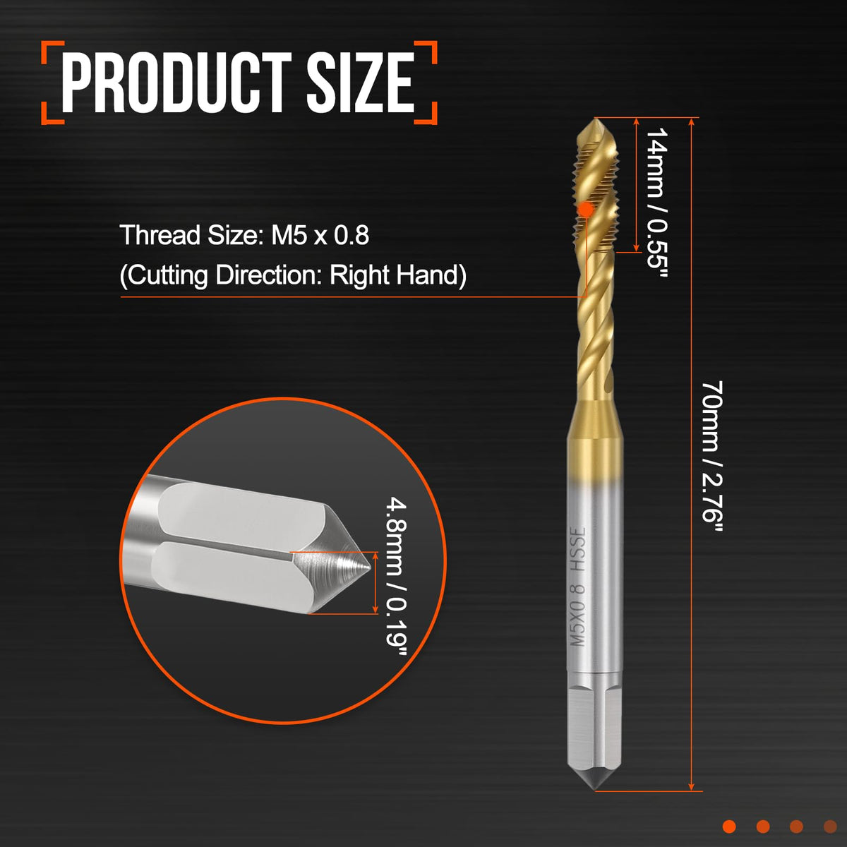 Workkyma M5 x 0.8 Spiral Flute Thread Tap M35 High Speed Steel DIN371
