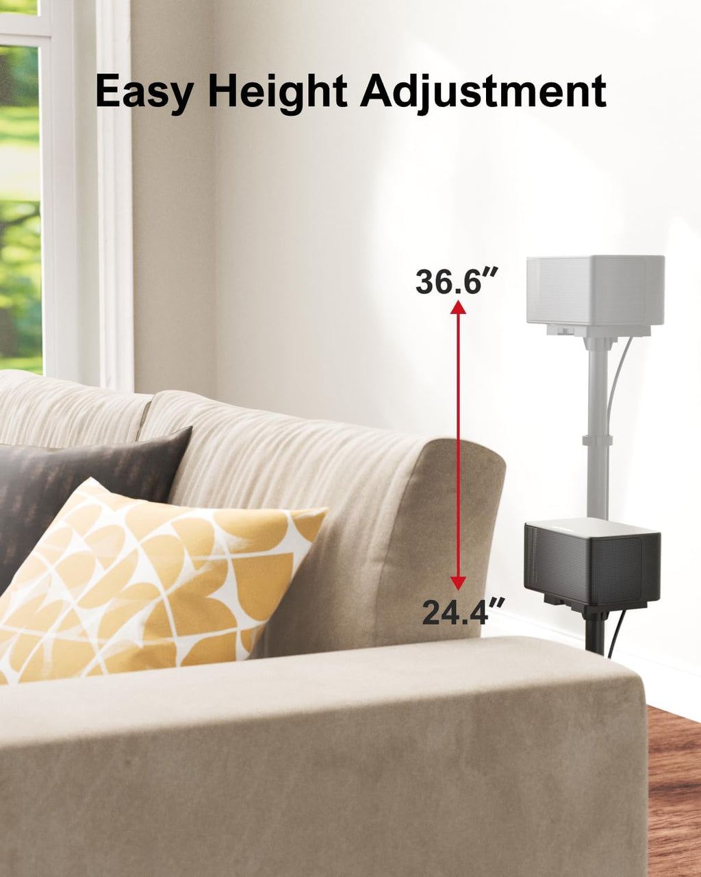 Speaker Stands Pair, Height Adjustable Speaker Stand, Extends 24.4" to 36.6", Holds 6.6 lbs, Compatible with VIZIO