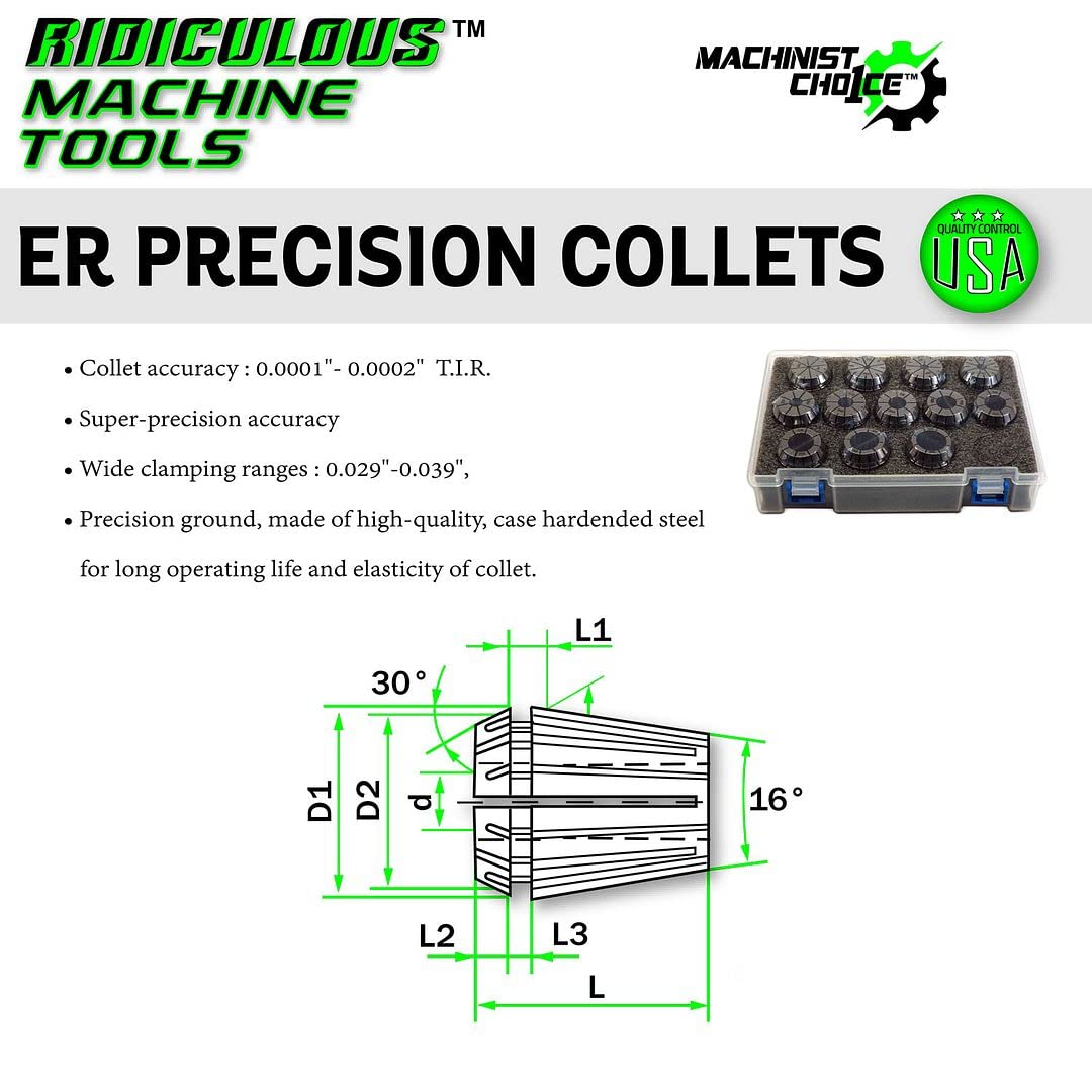 Ridiculous Machine Tools ER 25 High Precision Spring Collet SET 10 Piece 3/32" - 5/8" (0.0003) T.I.R. Machinist Choice