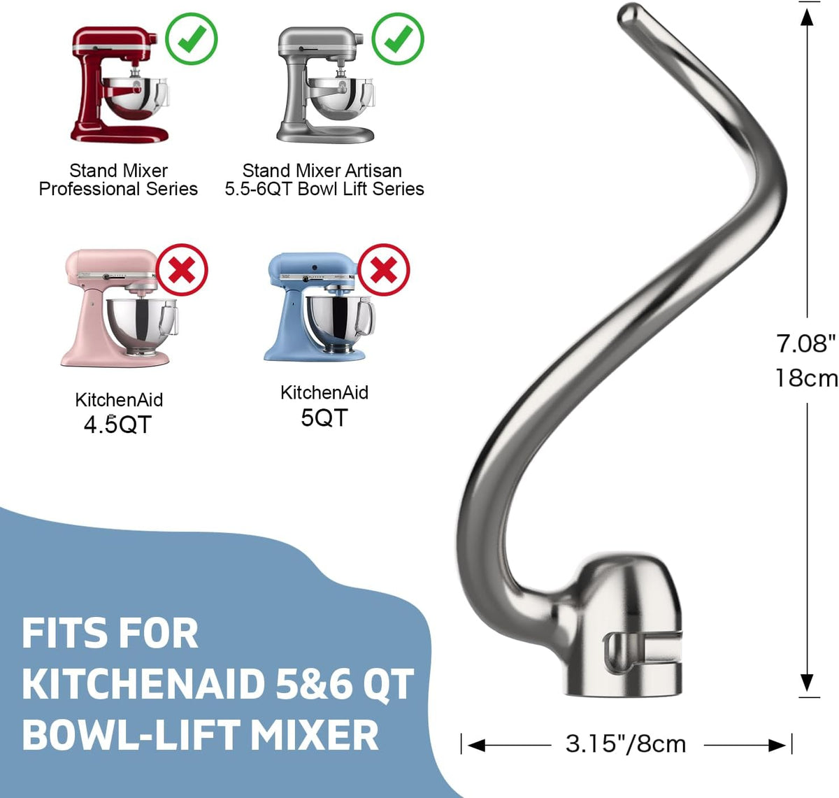 Stainless Steel Dough Hook for KitchenAid 5QT-6QT Bowl-Lift Stand Mixers, Fits Professional 5 Plus, Pro 600 Series