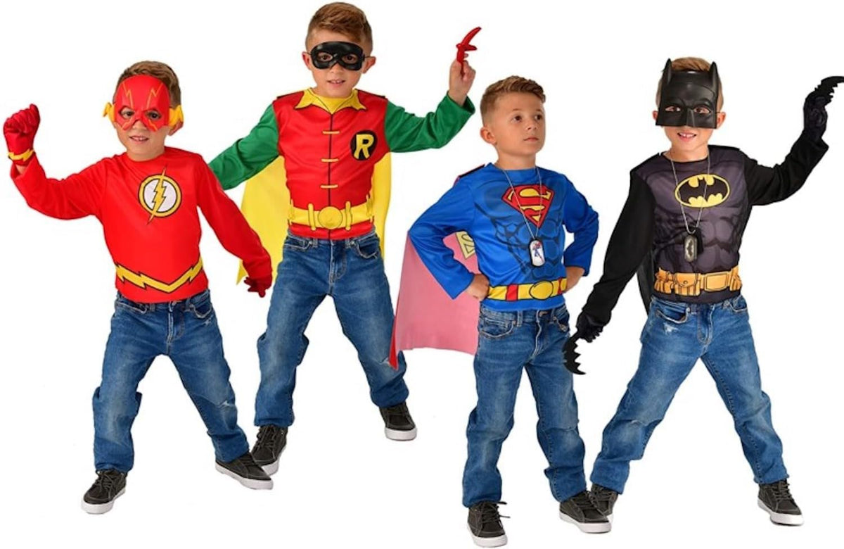 DC Comics Superheroes: Superman, The Flash, Batman & Robin Dress Up Trunk for Kids, Boy's Small