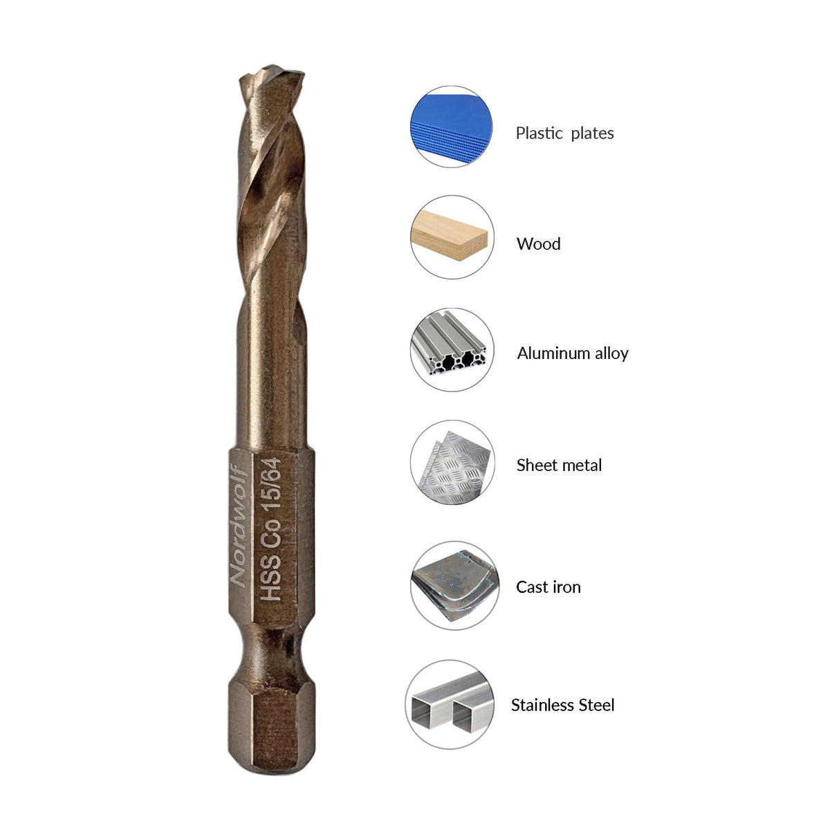 NordWolf 15/64" M35 Cobalt Stubby Drill Bit for Stainless Steel & Hard Metals, with 1/4" Hex Shank for Quick Chucks & Impact Drivers