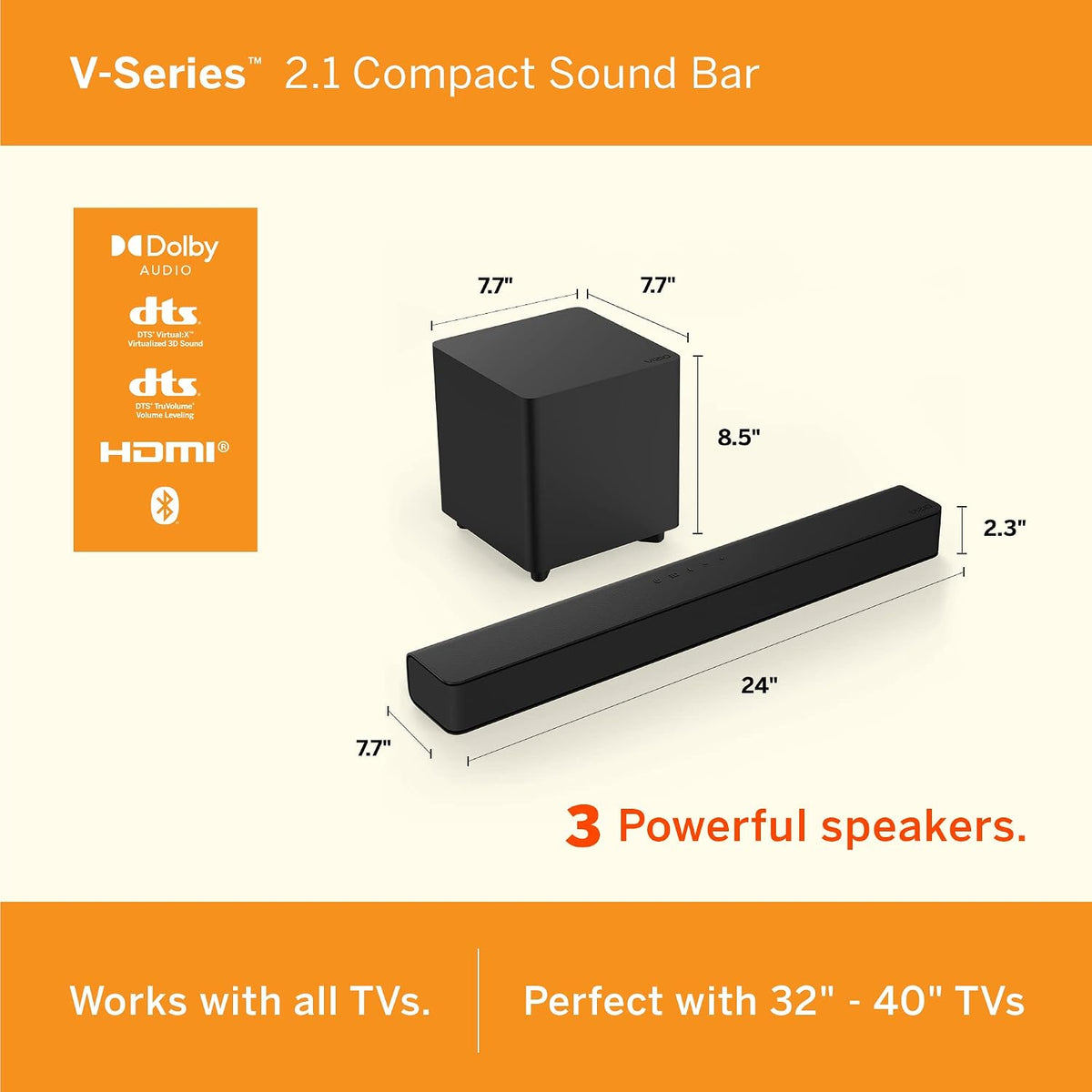 V-Series 2.1 Compact Home Theater Sound Bar with DTS Virtual:X, Bluetooth, Wireless Subwoofer, Voice Assistant