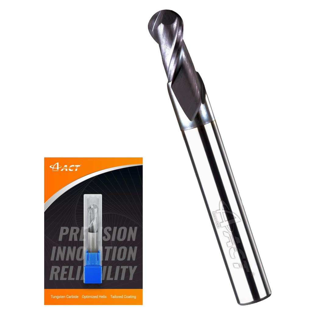 ACCUCUT I2KBL 1/4” Carbide Ballnose Long Shank End Mill- 2 Flute Milling Bit for Steel, Forge Steel, Hardened, Copper, Alloys & Materials < HRC 50 - AlTiCrN Coating CNC Router Bit, 30 Degree Helix