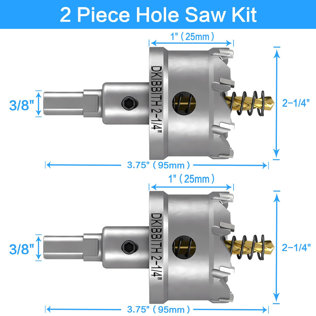 TCT Hole Saw Set, 2-Pack of 2-1/4" (57mm) Heavy Duty Tungsten Carbide Tipped Hole Cutters for Stainless Steel Mild Steel Copper Iron Brass Plastic and More, with Titanium-Plated Pilot Drill Bits