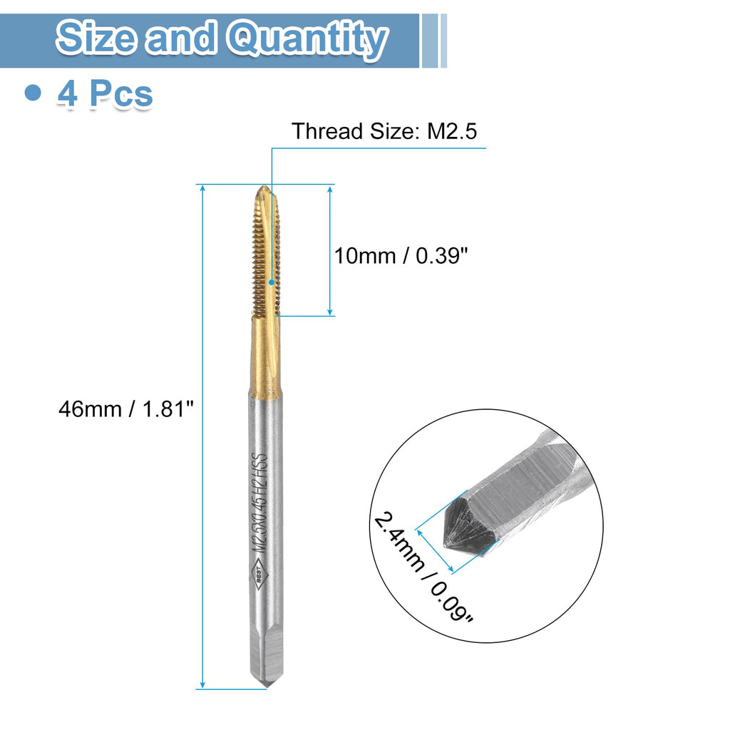 uxcell 4pcs Spiral Point Plug Taps, M2.5 x 0.45 Metric Thread Screw Tap, Titanium Coated High Speed Steel 6542, Machine Tapping Threading Repair Tool