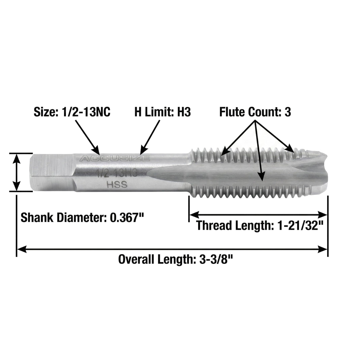 Accusize Industrial Tools Spiral Point Tap, 1/2-13NC, SPT-1/2-13x5