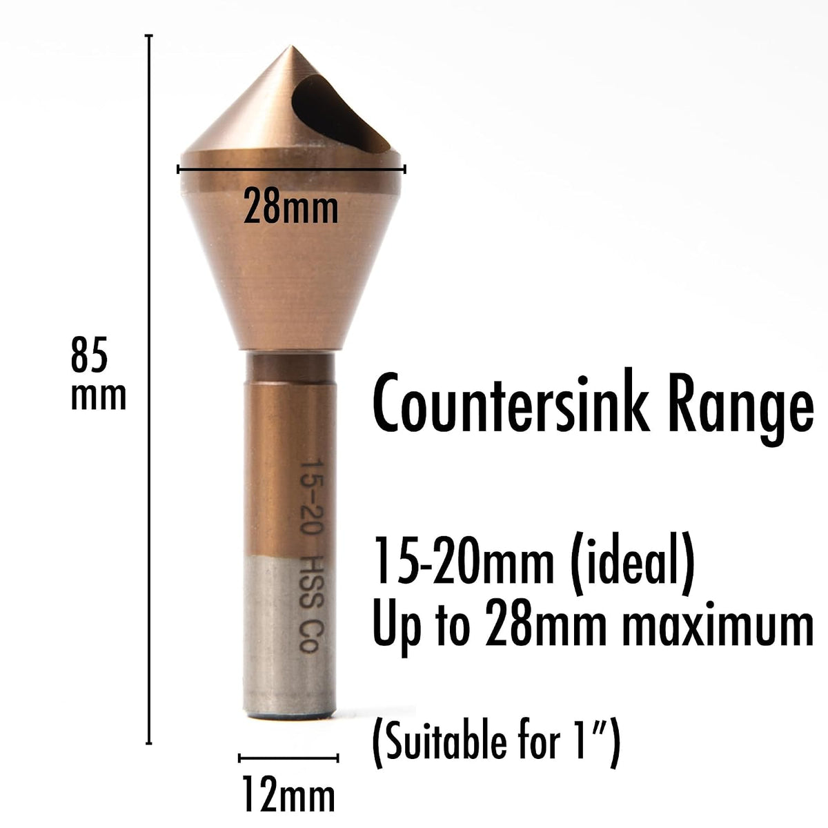 Cobalt Steel Single End Countersink Drill Bit with Cobalt Coating Finish for Hard Metal Wood, 90 Degree M35 HSS, 12MM Round Shank, 28MM Body Diameter