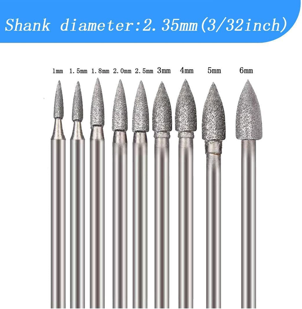 Luo ke 9 Pcs 1mm - 6mm Bullet Shape Diamond Burr - 3/32'' Shank