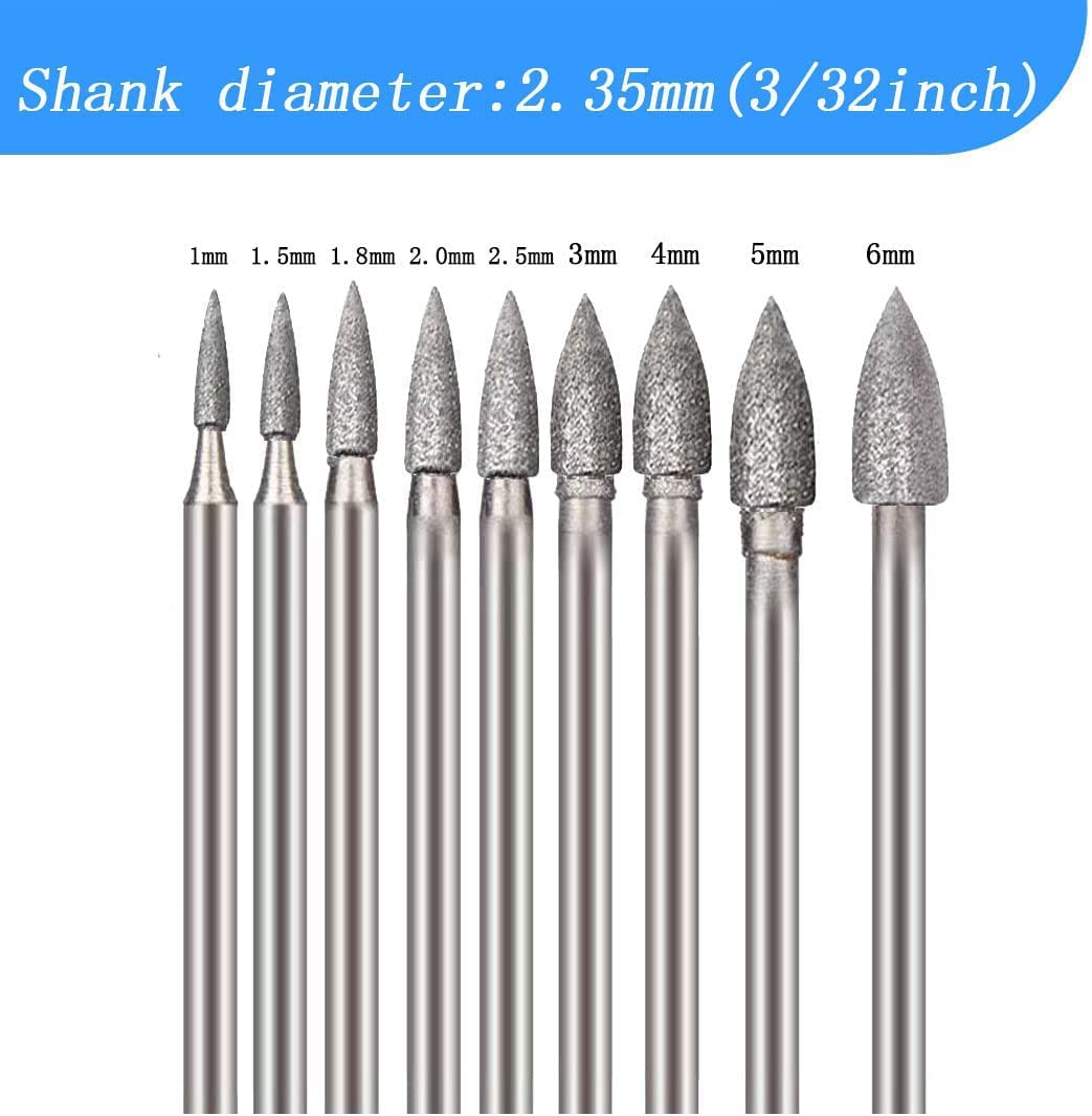 Luo ke 9 Pcs 1mm - 6mm Bullet Shape Diamond Burr - 3/32'' Shank