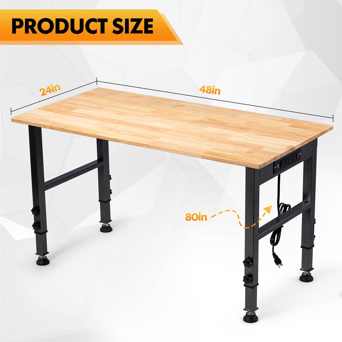 48" Adjustable Workbench, Work Table with Foot Pads & Power Outlet