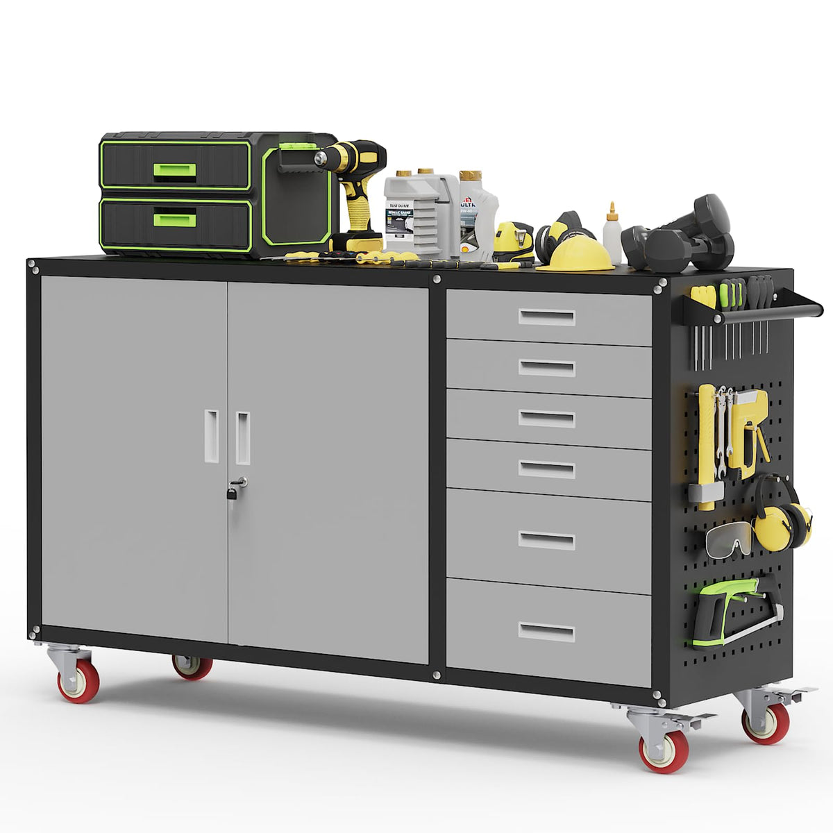 55"W Heavy Duty Rolling Workbench with Drawers and Storage,1000 LBS Capacity Work Bench with Lockable Cabinet &