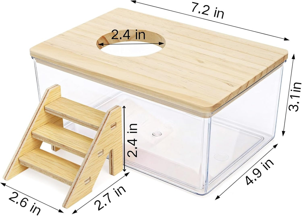 Hamster Sand Bath Box with Wood Cover, Rectangle Clear Hamster Digging Sand Container with Climbing Ladder