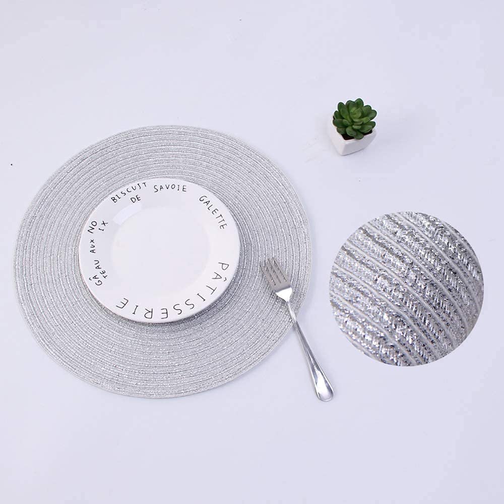 Glitter Silver Round Braided Placemats Set of 4 Sparkle Bling Place Mats Washable Glitz Table Mats for Holiday Party
