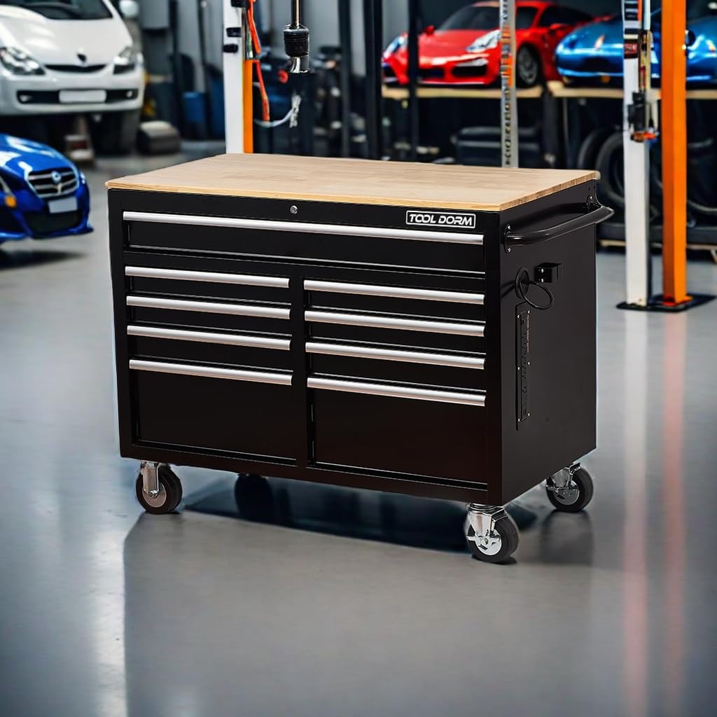 Rolling Large Tool Chest Extra-Deep 46-Inch 9 Drawers, Big Tool Chest with Drawers, Workbench with Wooden Top &