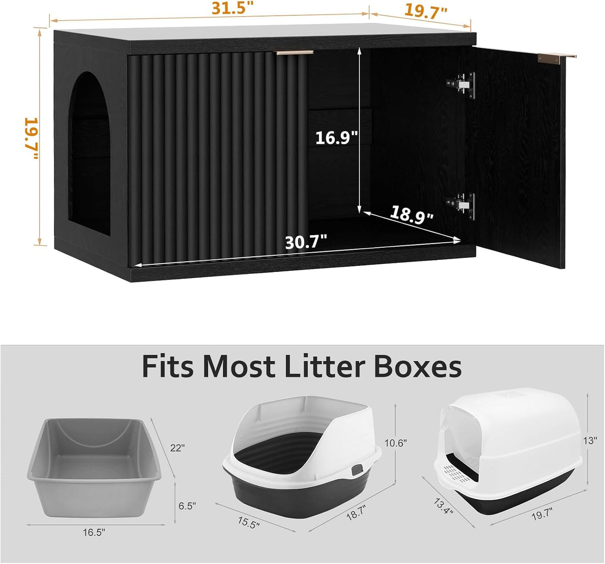 Cat Litter Box Enclosure,Modern Fluted Accent,Black