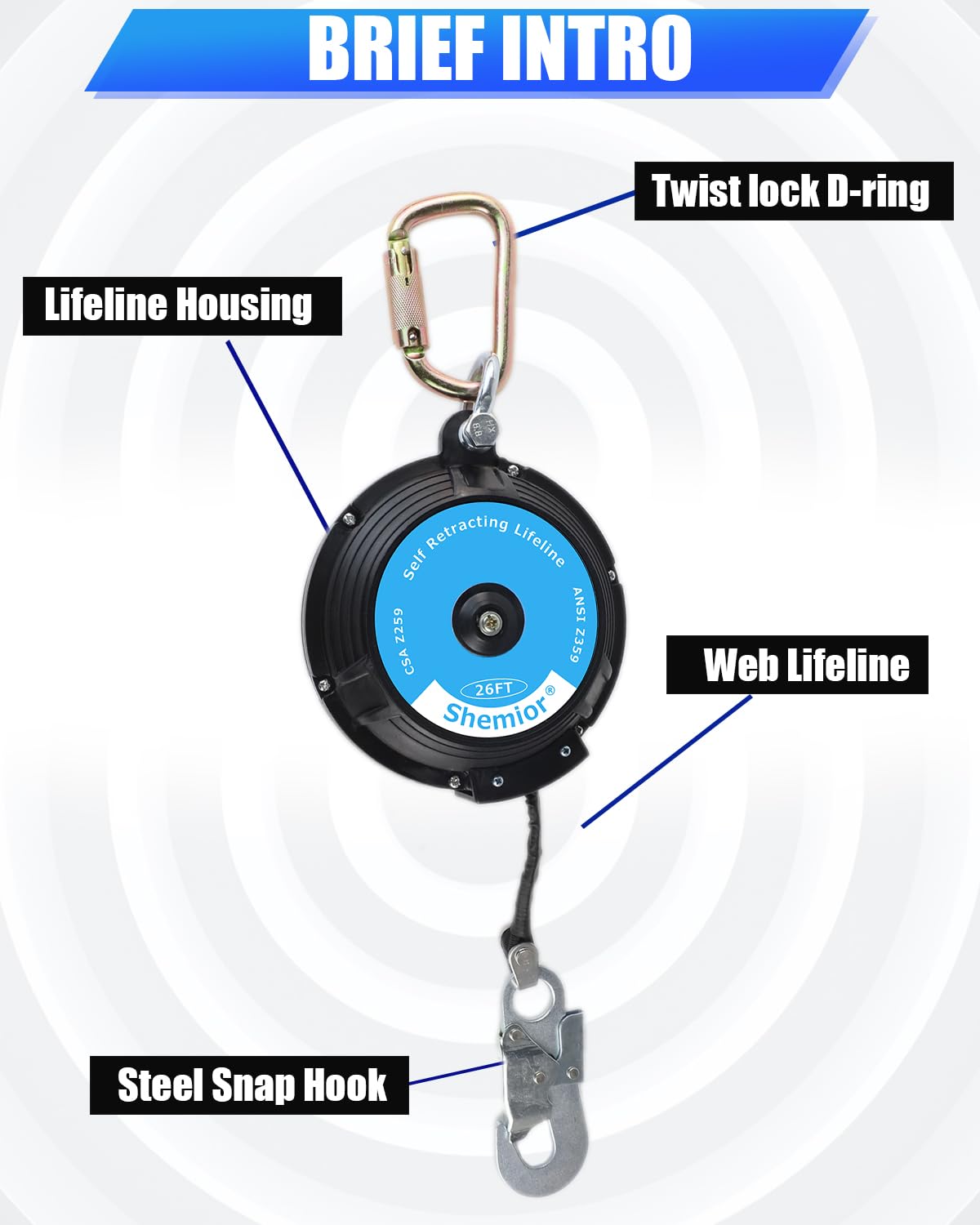 26FT Self Retracting Lifeline, Retractable Safety Lanyard, Web SRL