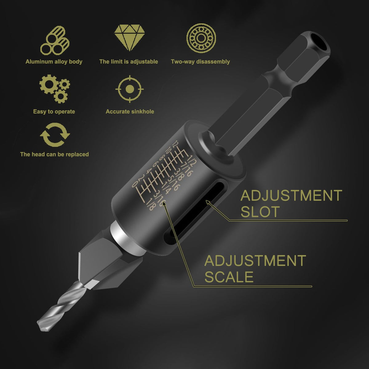 Countersink Drill Bits Set, 6PCS 4-Flute HSS M2 Bits with Depth Stop