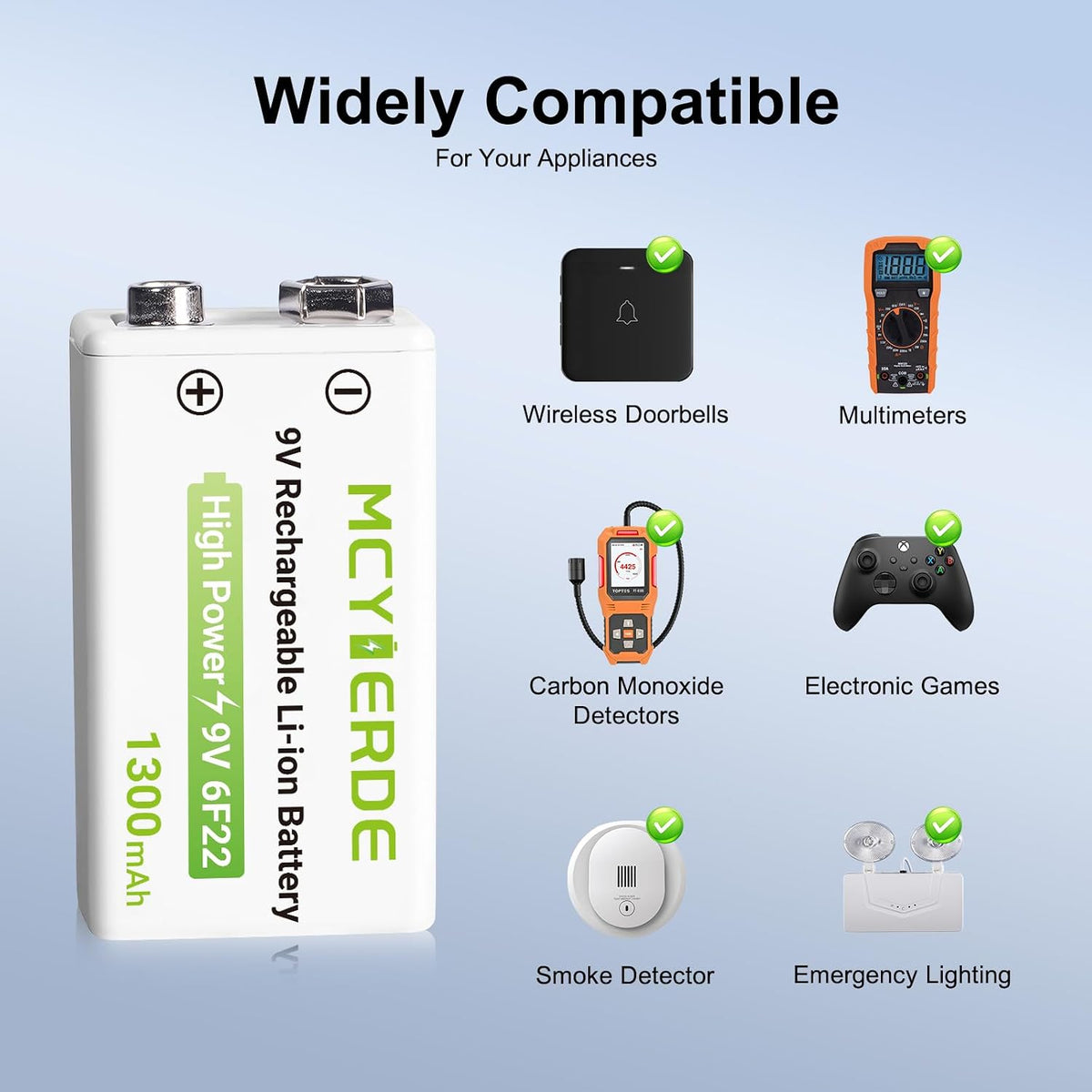 9Volt Lithium Batteries 5 Pack Long-Lasting with USB-C Cable | 9V battery for Smoke Detector Radios,Fire
