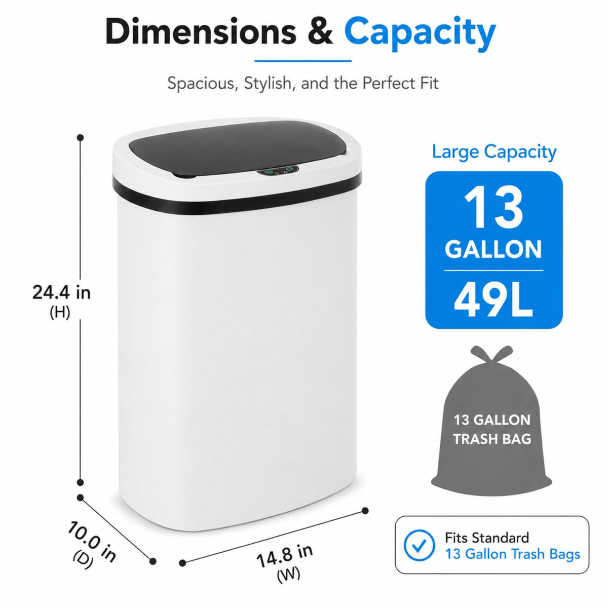13 Gallon Touchless Trash Can, White, PP Plastic