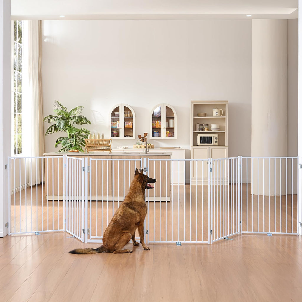 Freestanding Heavy-Duty Steel Folding Pet & Dog Barrier Gate with Walk-Through Swing Door for Wide Indoor Openings, Hallways & Stairs