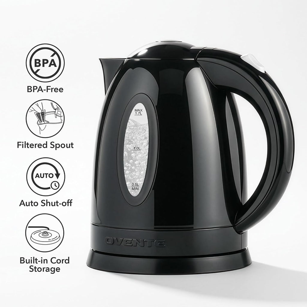1.7L Electric Tea Kettle, 1100W BPA-Free Water Boiler, Black KP72B | Fast Boiling, Auto Shut-Off, Boil-Dry