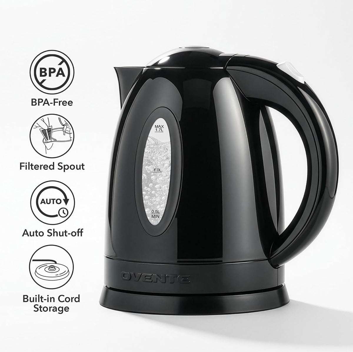 1.7L Electric Tea Kettle, 1100W BPA-Free Water Boiler, Black KP72B | Fast Boiling, Auto Shut-Off, Boil-Dry