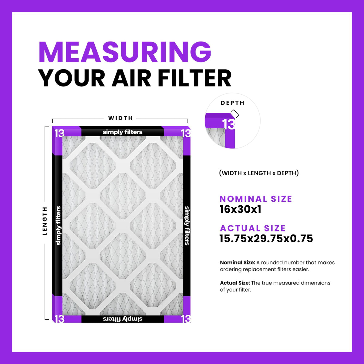 16x30x1 Air Filter, Merv 13, 6 Pack, Furnace Air Filter for HVAC (Actual Size: 15.75"x29.75"x0.75") DUST, Pet &