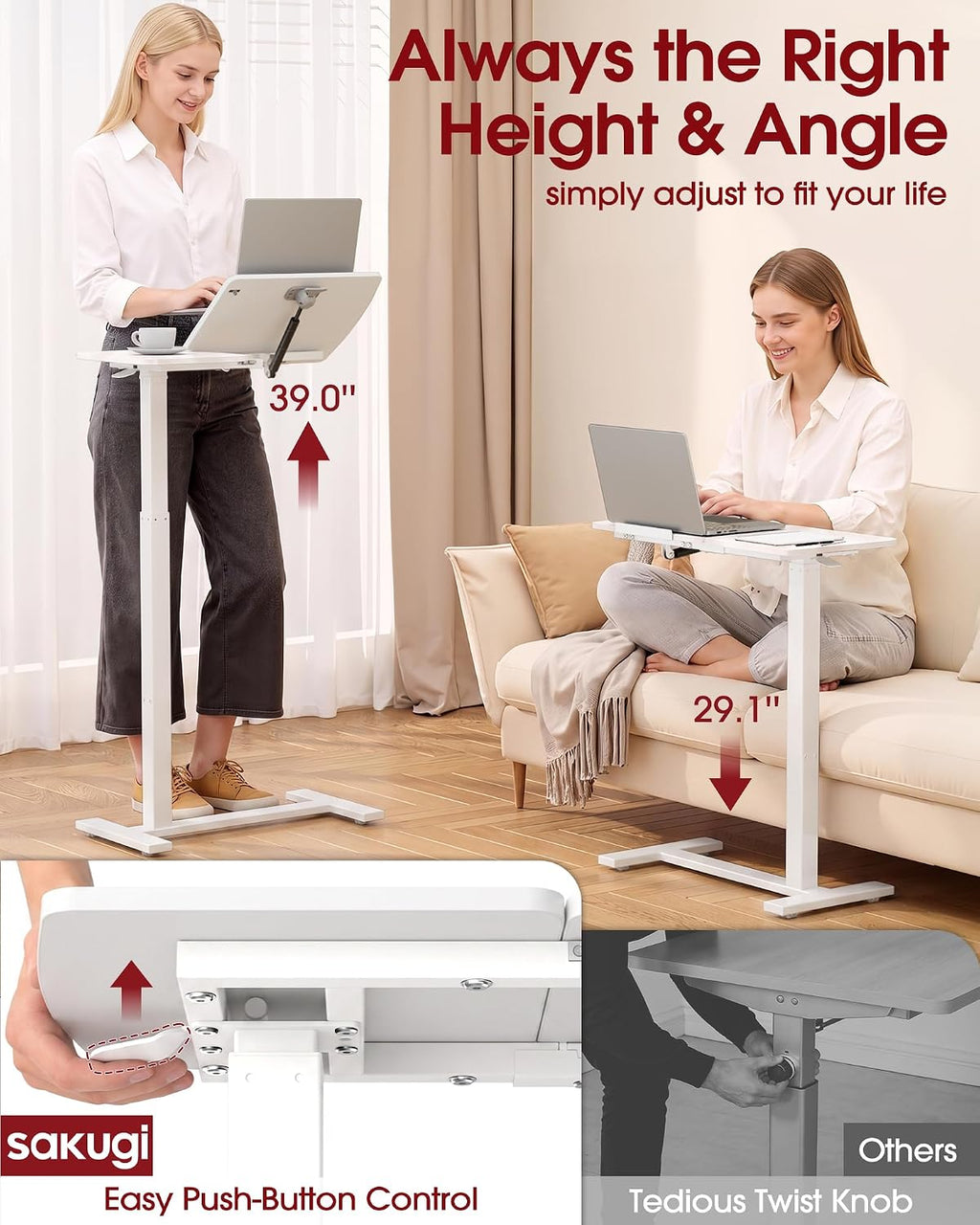 Overbed Bedside Table with Wheels, Right-Side Tilt Top, 29.1"–39" H