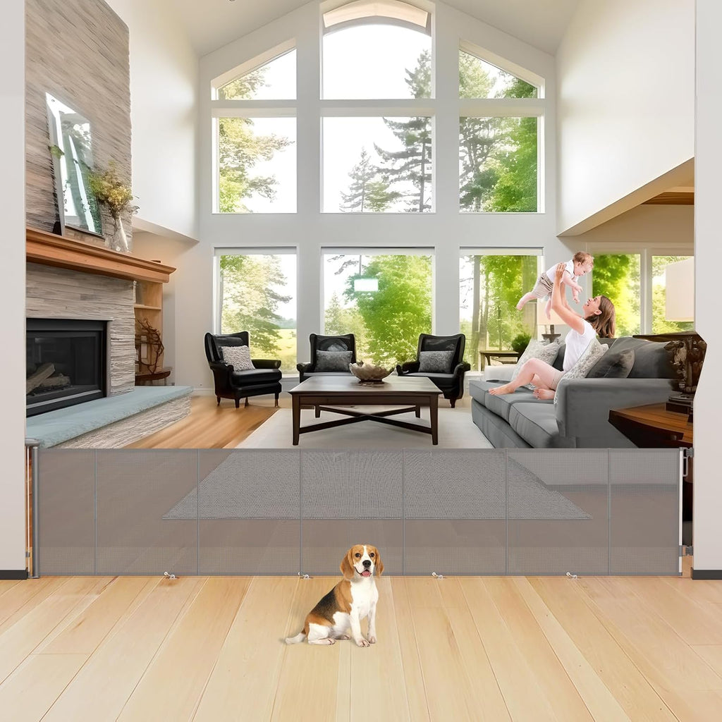 200" Extra-Wide Retractable Indoor Mesh Pet & Child Safety Gate with One-Hand Safety Lock for Wide Openings, Patios & Stairways