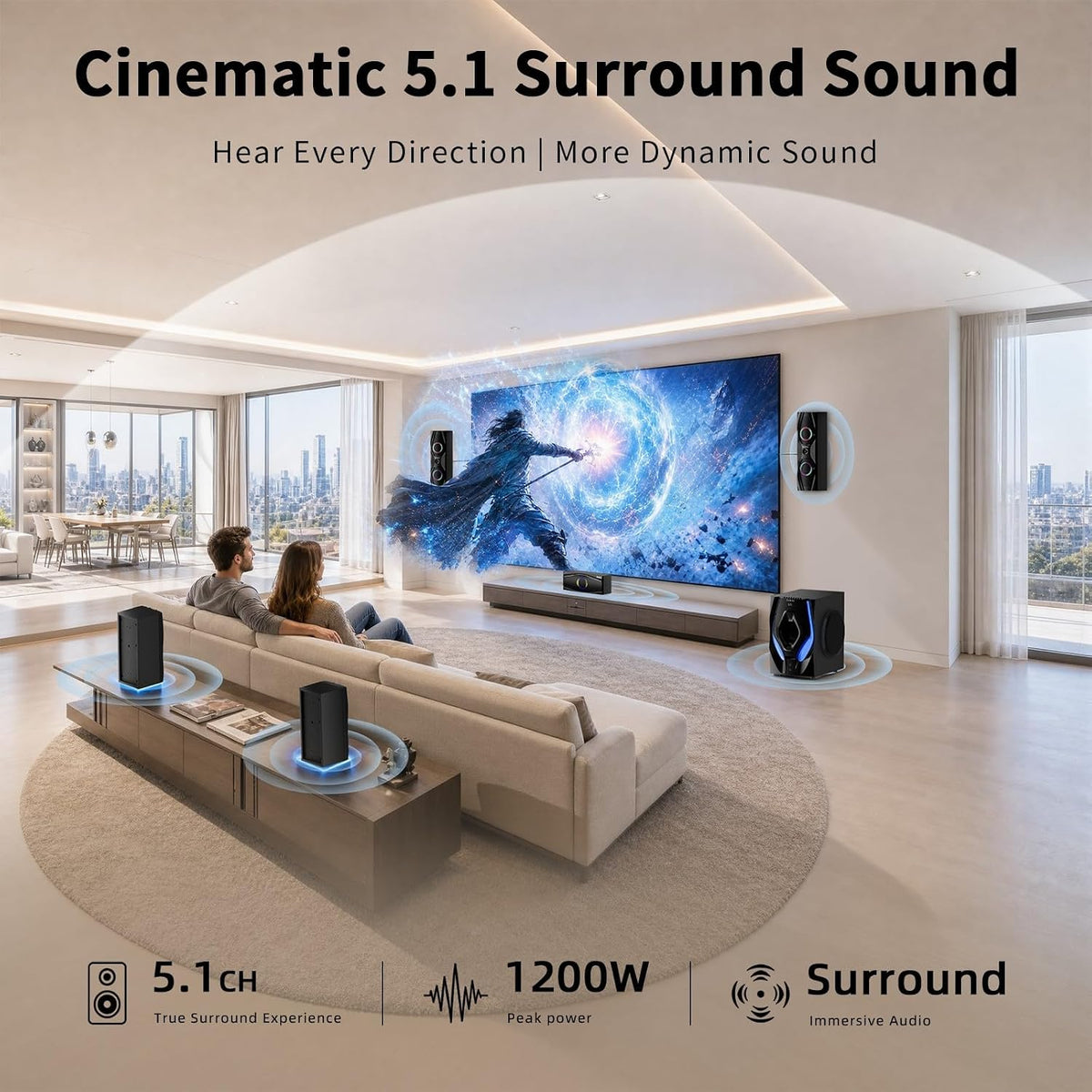 Surround Sound Systems Home Theater System,1200 Watts Peak Power | 10" Subwoofer, 5.1/2.1 Wired Audio Stereo