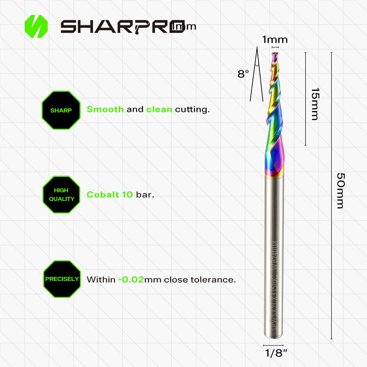 SHARPRO Carbide Tapered Ball Nose End Mill, 1/8" Shank 8° CNC Carving Router Bit 0.5mm Tip (R0.25 Radius), Spiral 2 Flute for Wood Engraving, 3D/2D Milling, Quark Coated (5PCS)