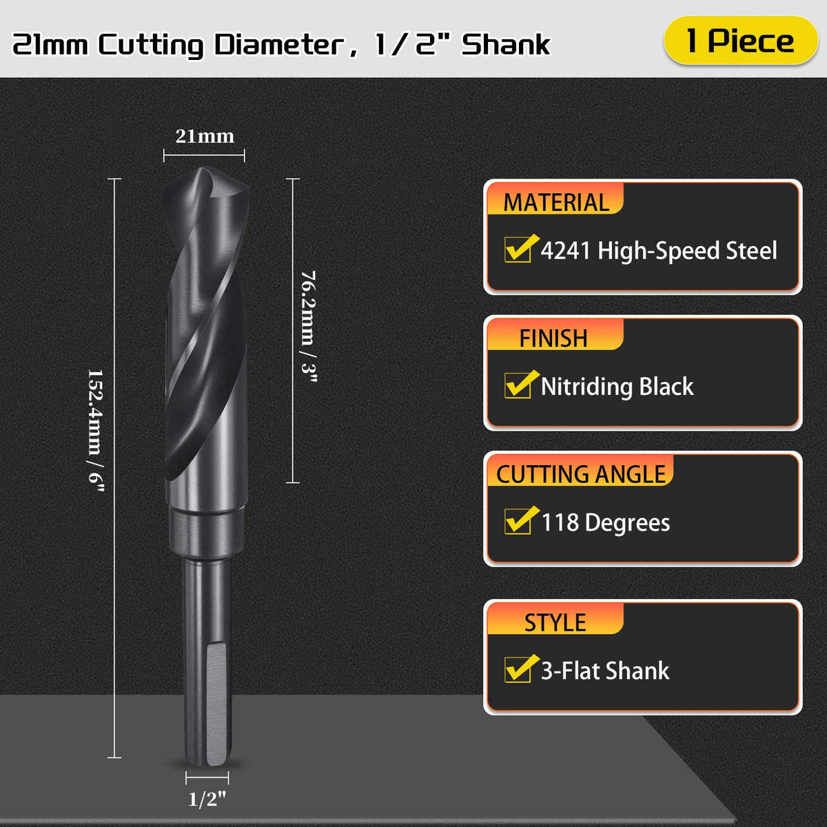 CoCud Drill Bit 21mm Diameter 1/2" Shank 3-Flat 4341 HSS