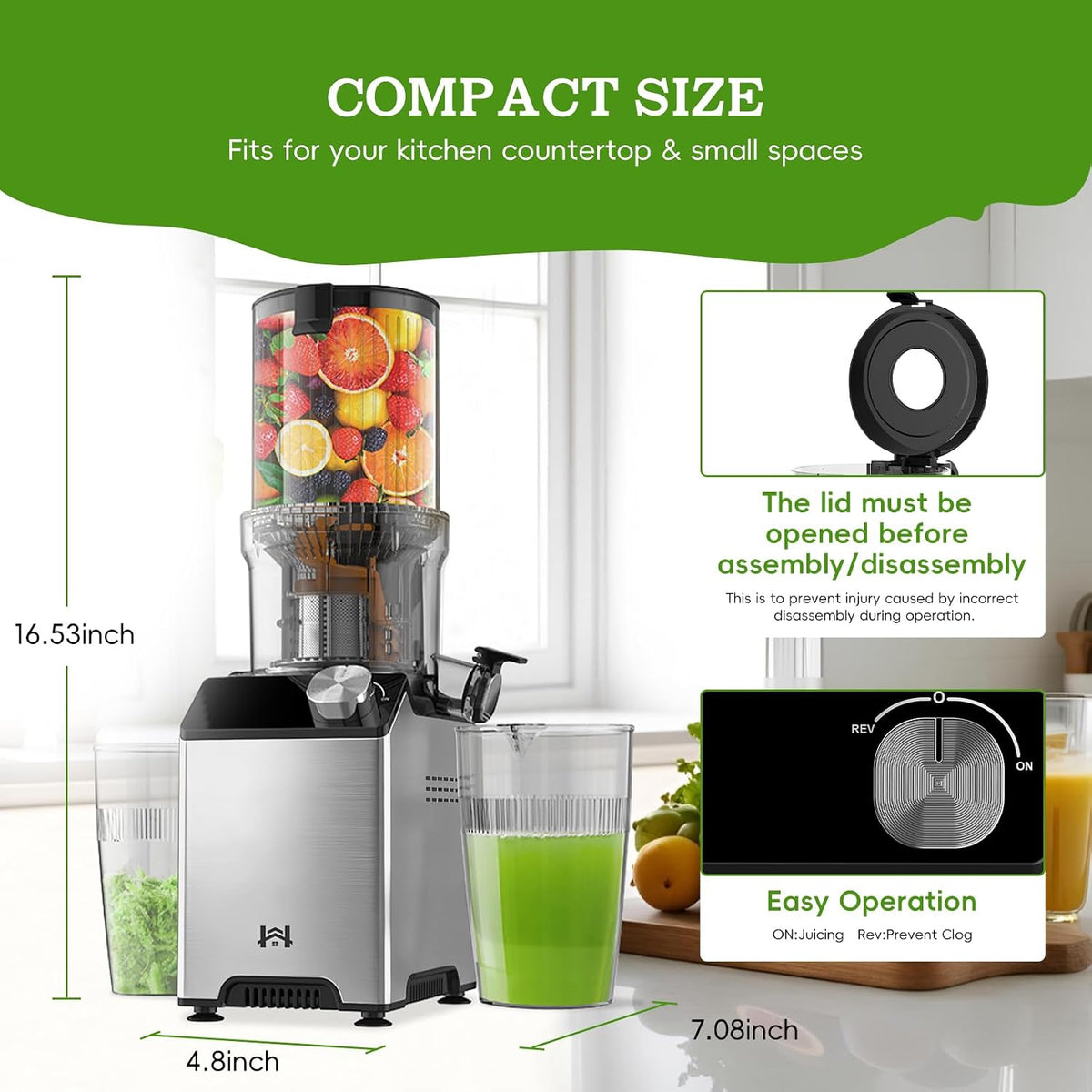 Cold Press Juicer, Wide Feed Chute Masticating Juicer, Silver Knob | Stainless Steel Body, Make Ice Cream & Nut Milk