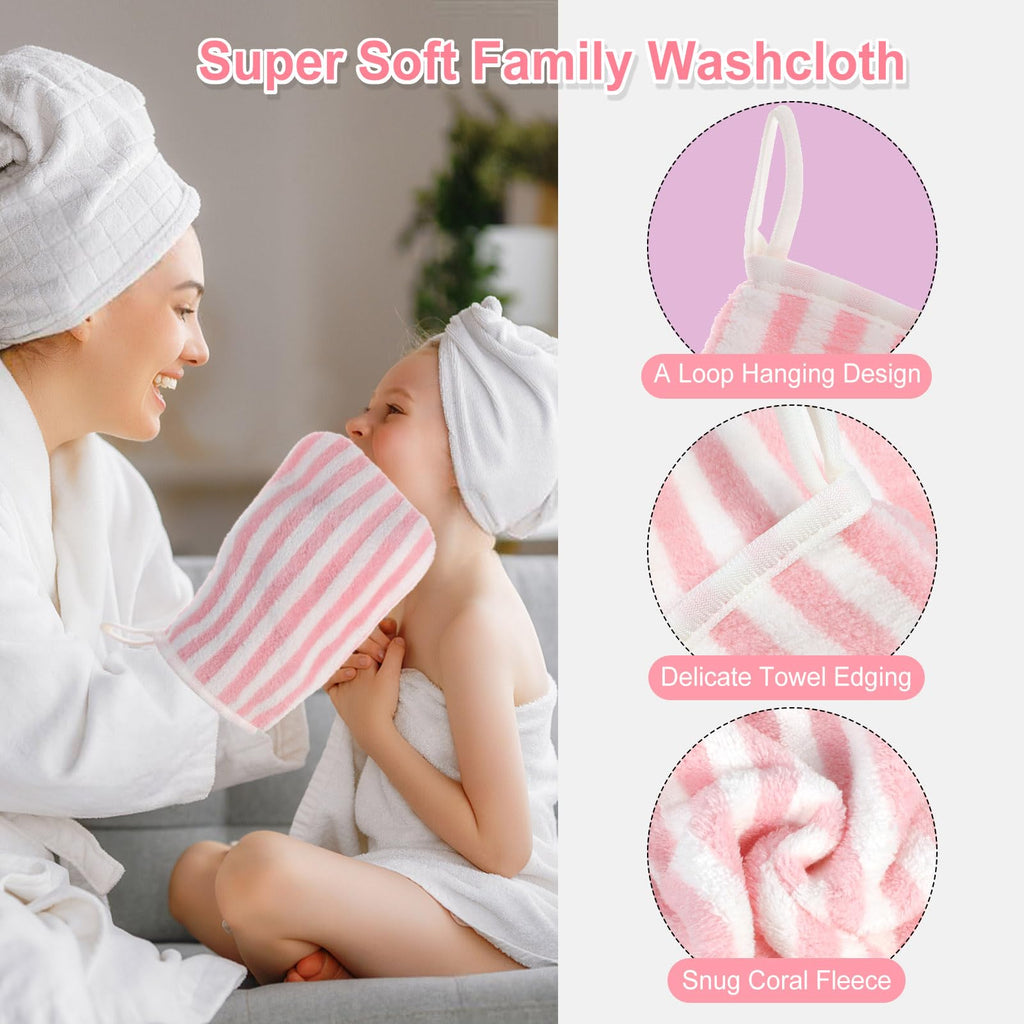6 Striped Bath Mitts Washcloths, PHOGARY Small Hand Towels with Hanging Loop, 5"x8" Super Absorbent Soft Coral Fleece