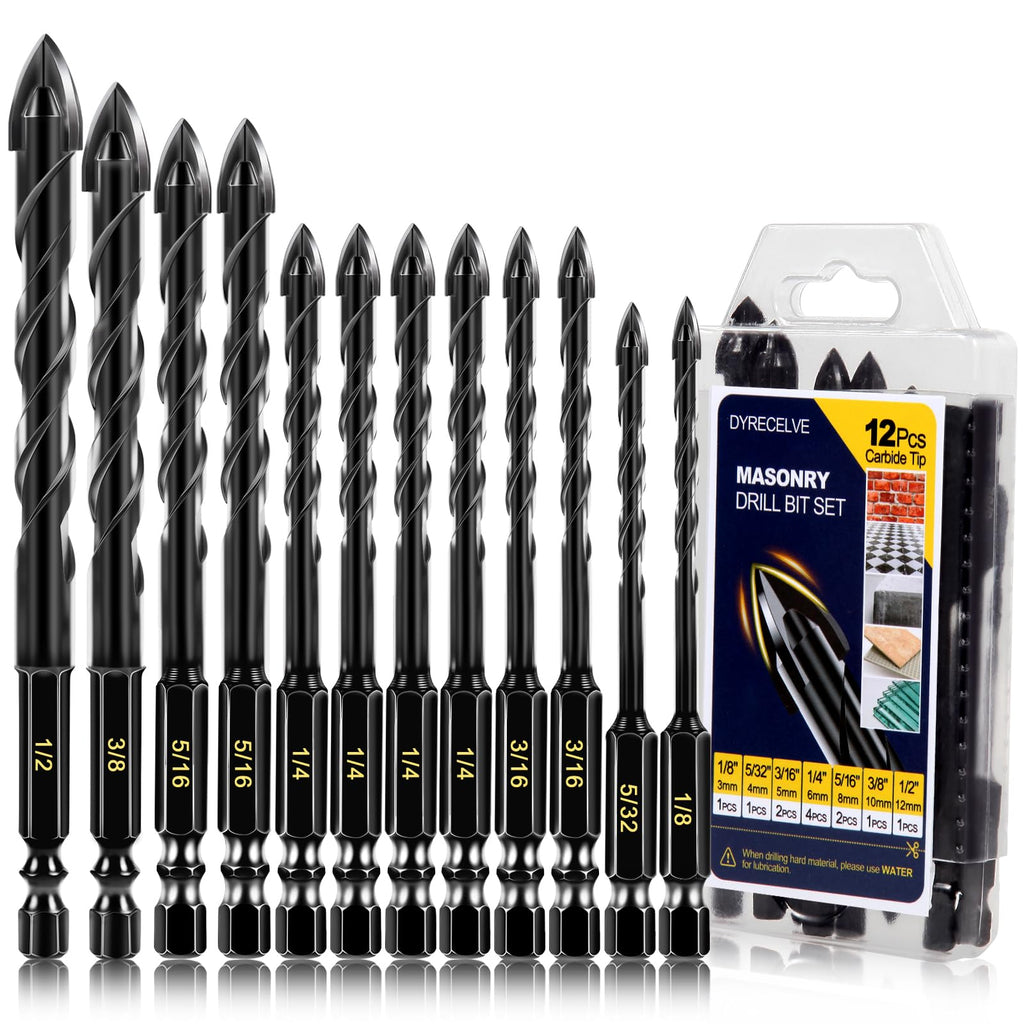 DYRECELVE 12-Piece Masonry Drill Bit Set, Concrete Bits, Carbide Cross Tip