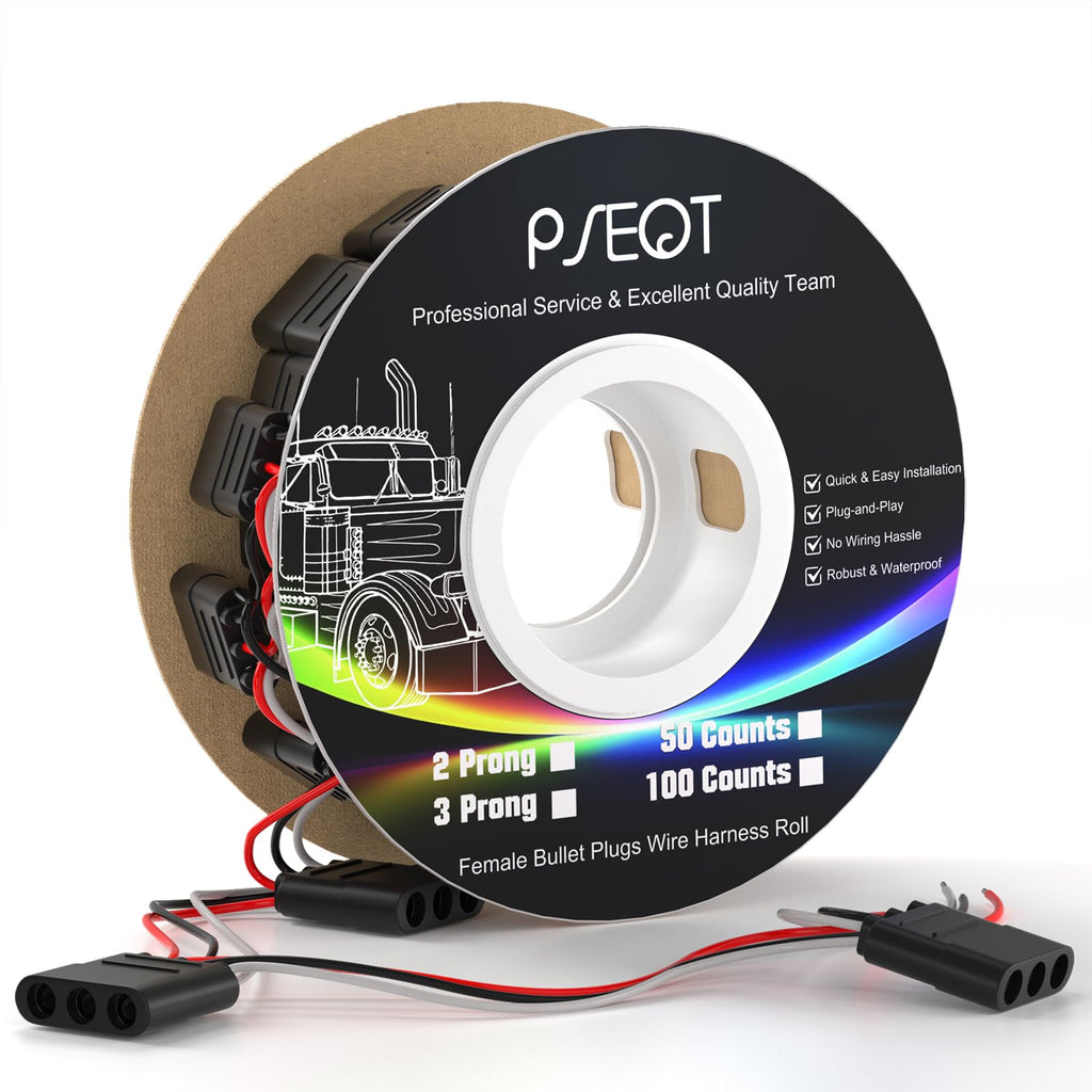 PSEQT 50 Counts 3 Prong Wire Harness Roll Female Bullet Plugs, 18 AWG Continuous Wire Harness 7" Spacing on Lead for LED Side Tail Clearance Marker Lights for Trailer Truck Bus ATV Van