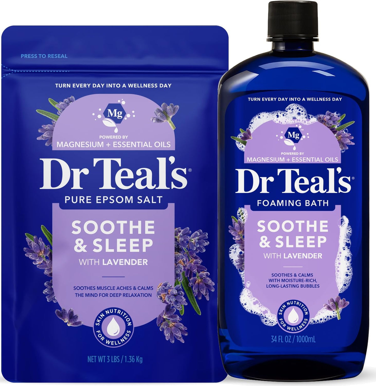 Dr. Teal's Epsom Salt Soaking Solution and Foaming Bath with Pure Epsom Salt Combo Pack, Lavender
