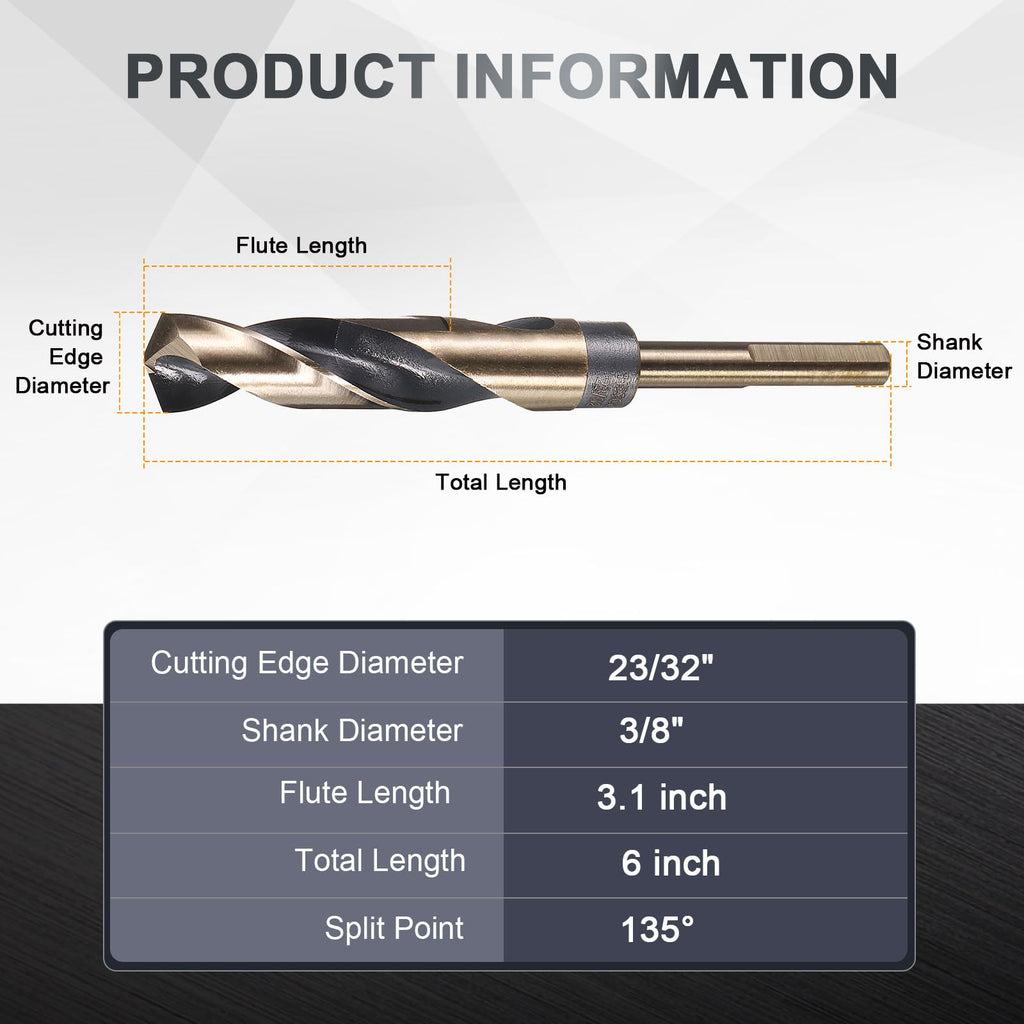 uxcell 23/32" Drill Bit 3/8" Reduced Shank 3-Flat M35 5% Cobalt HSS