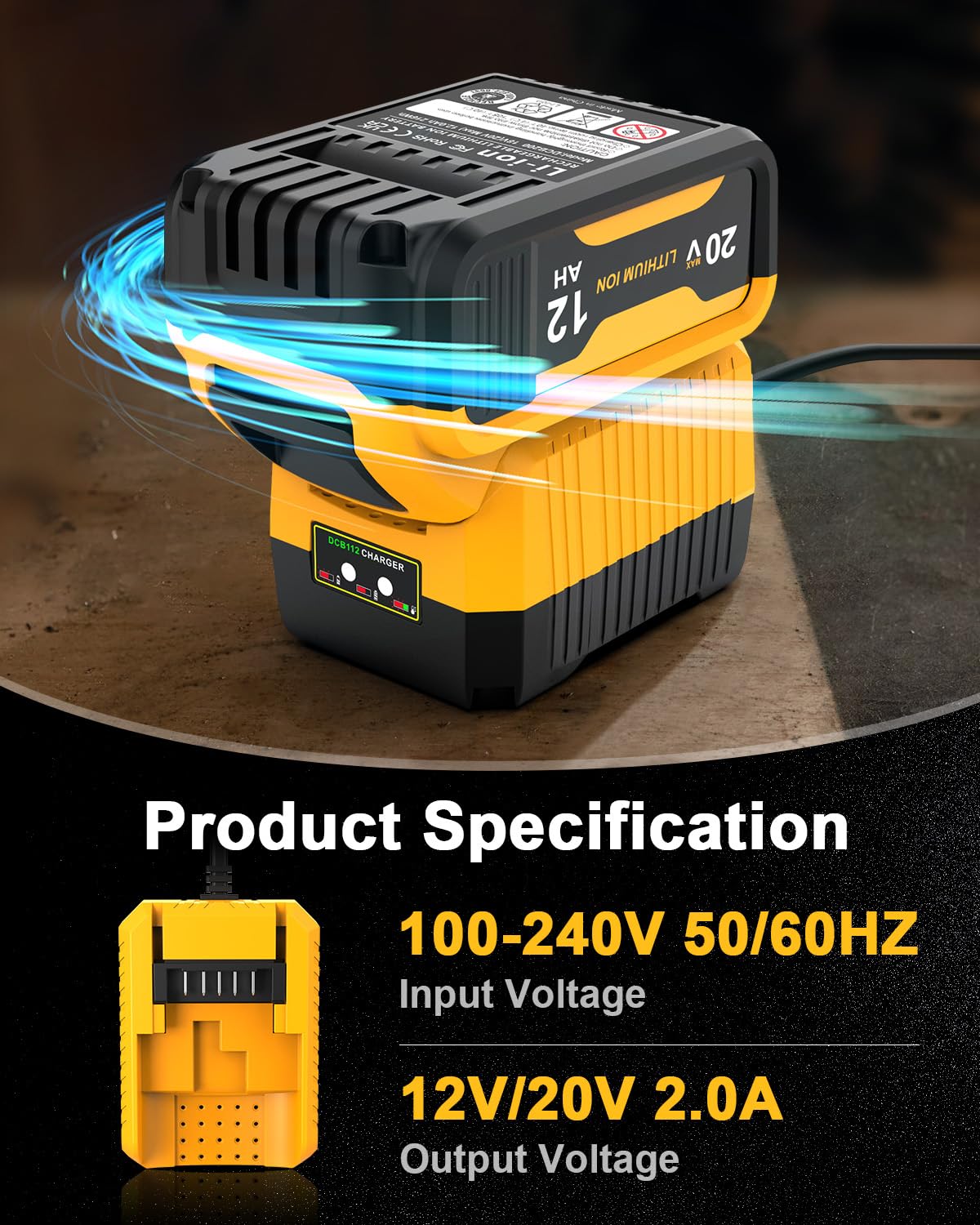 1-Pack 12Ah Battery Replacement for Dewalt 20v Battery with DCB112 Battery Charger Station(Yellow)