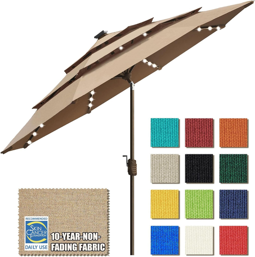 USA 10-Year-Non-Fading 9ft 3-Tier Market Patio Umbrella, Commercial Table Umbrella with 80 Solar LED Lights, Crank