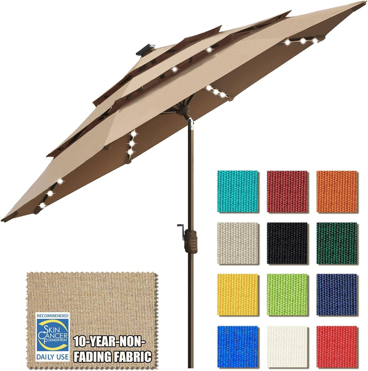 USA 10-Year-Non-Fading 9ft 3-Tier Market Patio Umbrella, Commercial Table Umbrella with 80 Solar LED Lights, Crank
