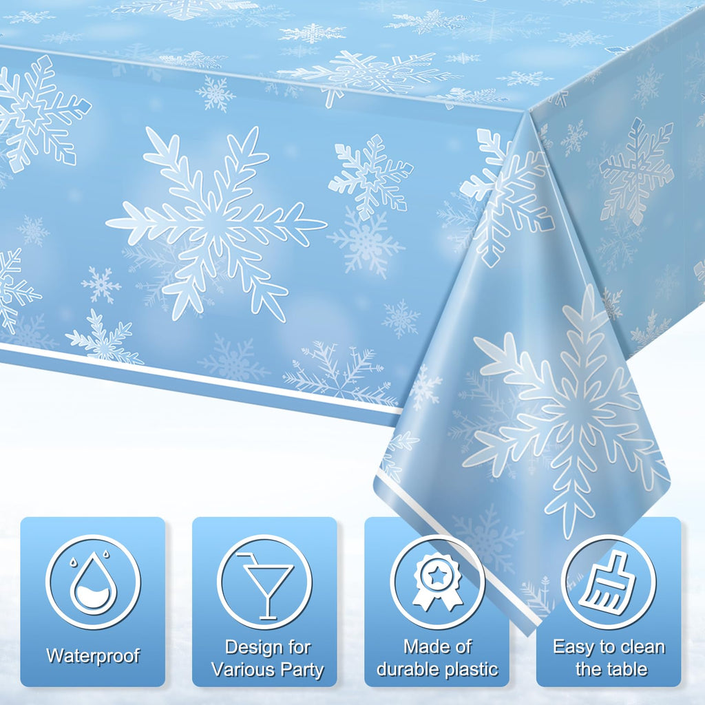 3 Pack Winter Snowflake Plastic Tablecloth Decorations, Light Blue Snowflake Winter Wonderland Disposable Table Cover