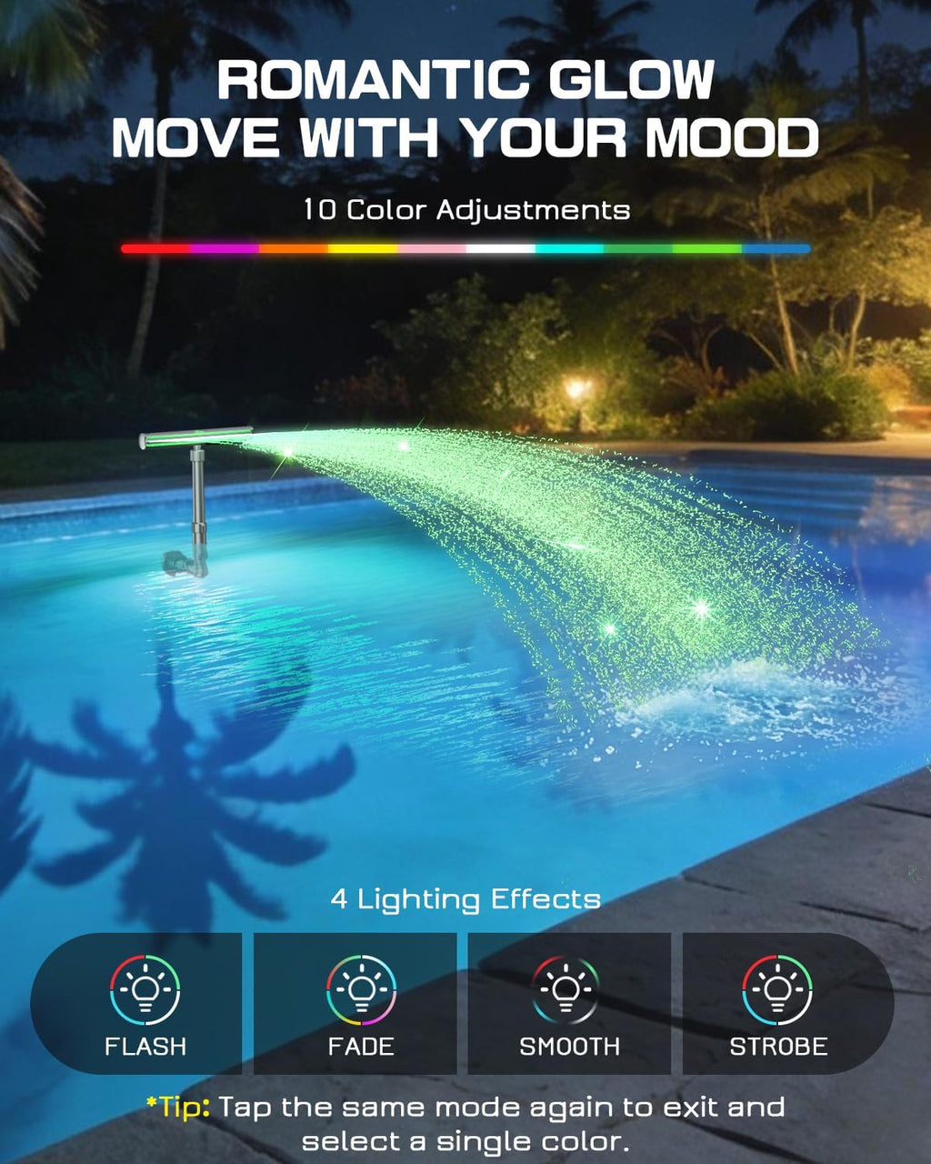 Solar Pool Fountain F5 Pro, Dual Light Strip 52 Ultra-Bright LEDs Unique Design, 10 Colors Pool Lights with 4 Modes