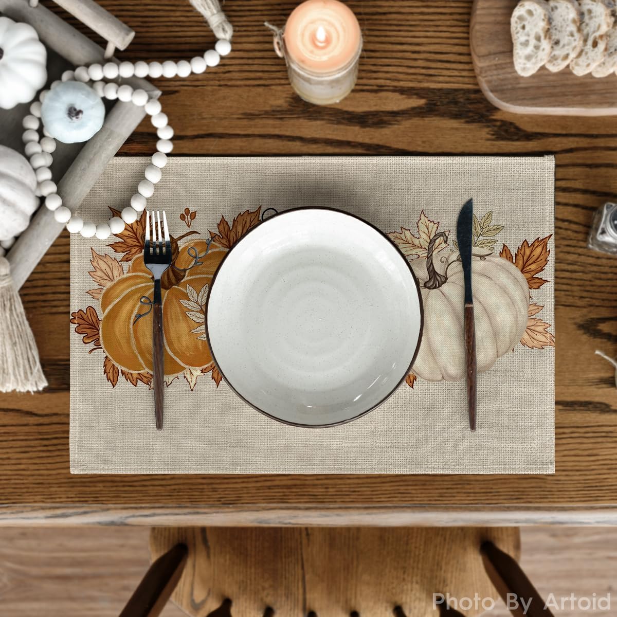 Orange Pumpkin Leaves Fall Placemats Set of 4-12 x 18 Inch