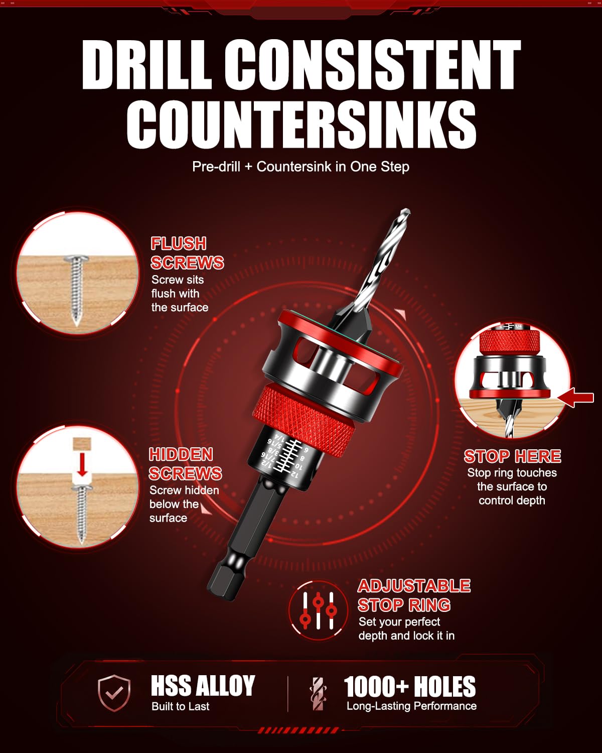 Countersink Drill Bit Set with Depth Stop Collar for Woodworking
