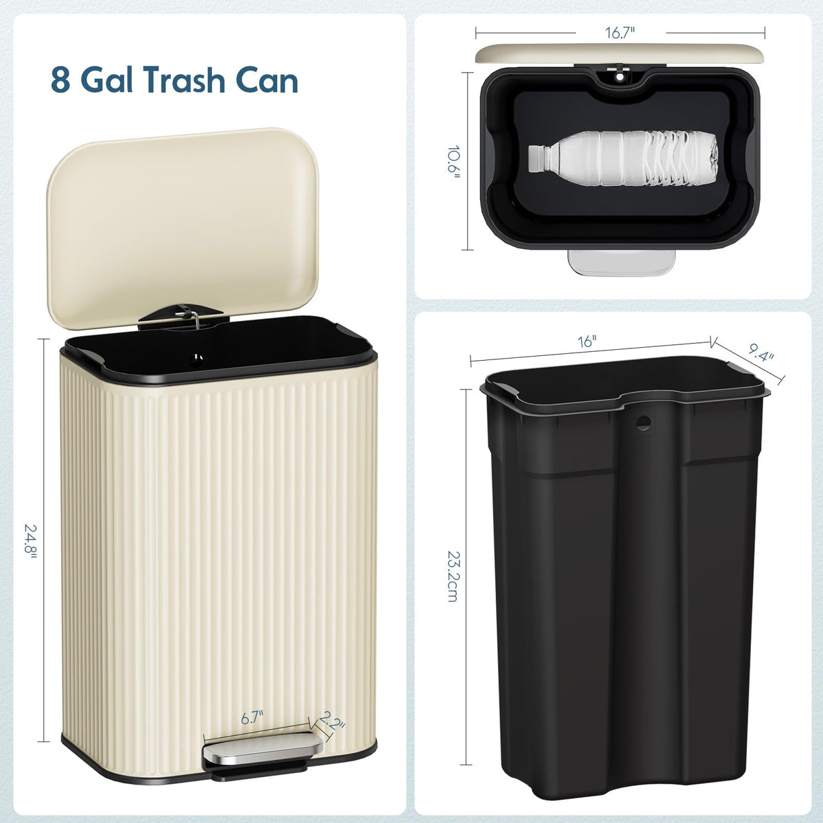 Kitchen Trash can, Stainless Steel Garbage Can, 13 Gal Garbage Bin